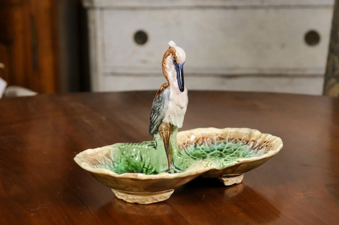 French 19th Century Majolica Two Part Serving Tray with Grey Heron Motif - 4