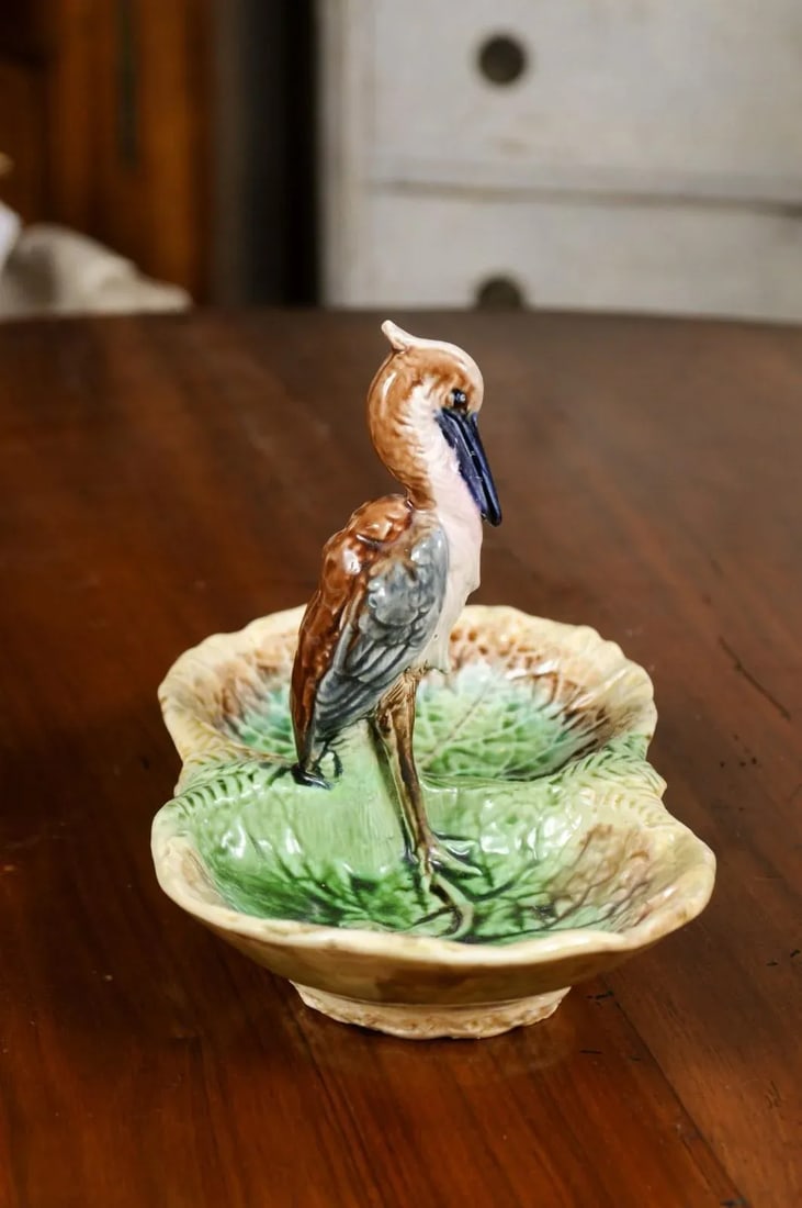 French 19th Century Majolica Two Part Serving Tray with Grey Heron Motif - 6