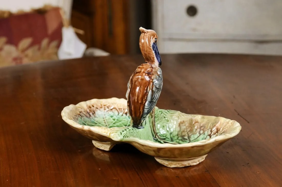 French 19th Century Majolica Two Part Serving Tray with Grey Heron Motif - 7