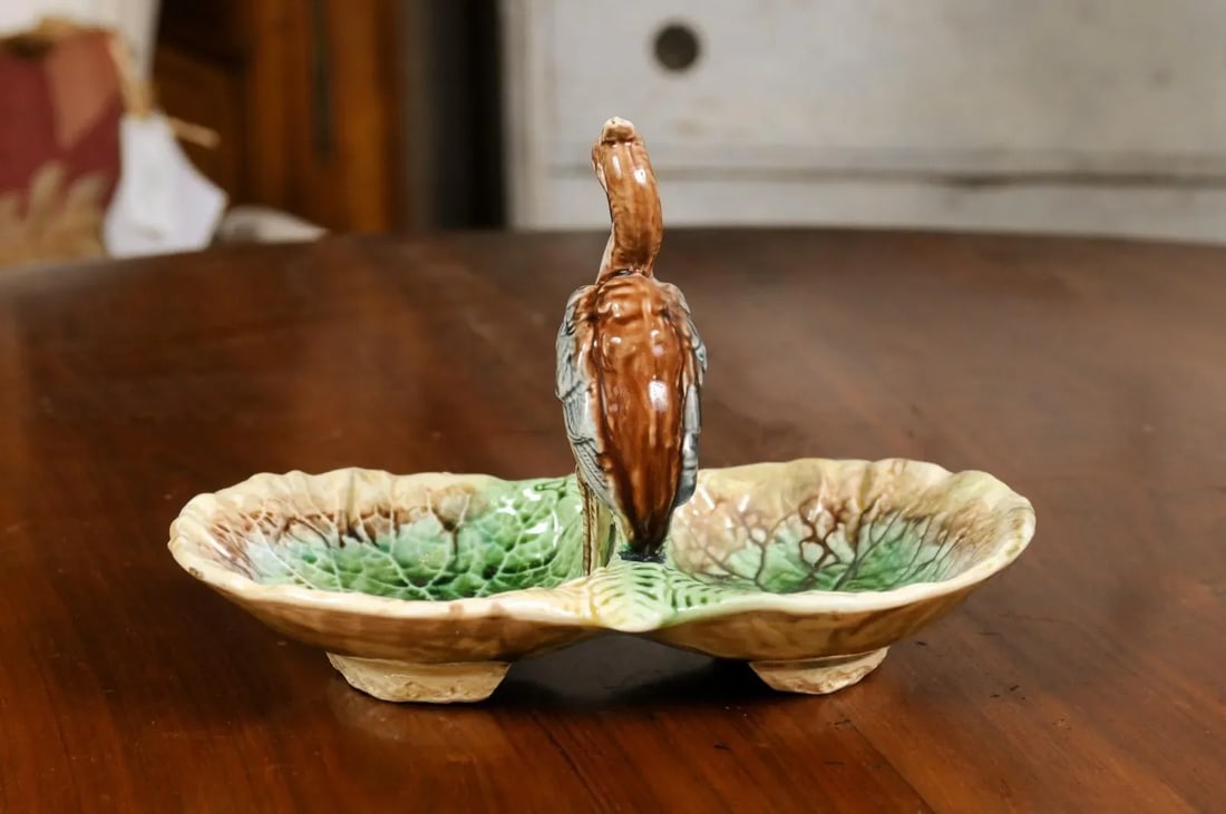 French 19th Century Majolica Two Part Serving Tray with Grey Heron Motif - 8
