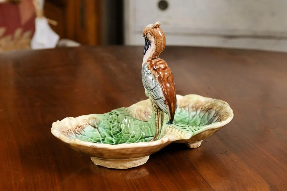 French 19th Century Majolica Two Part Serving Tray with Grey Heron Motif - 9