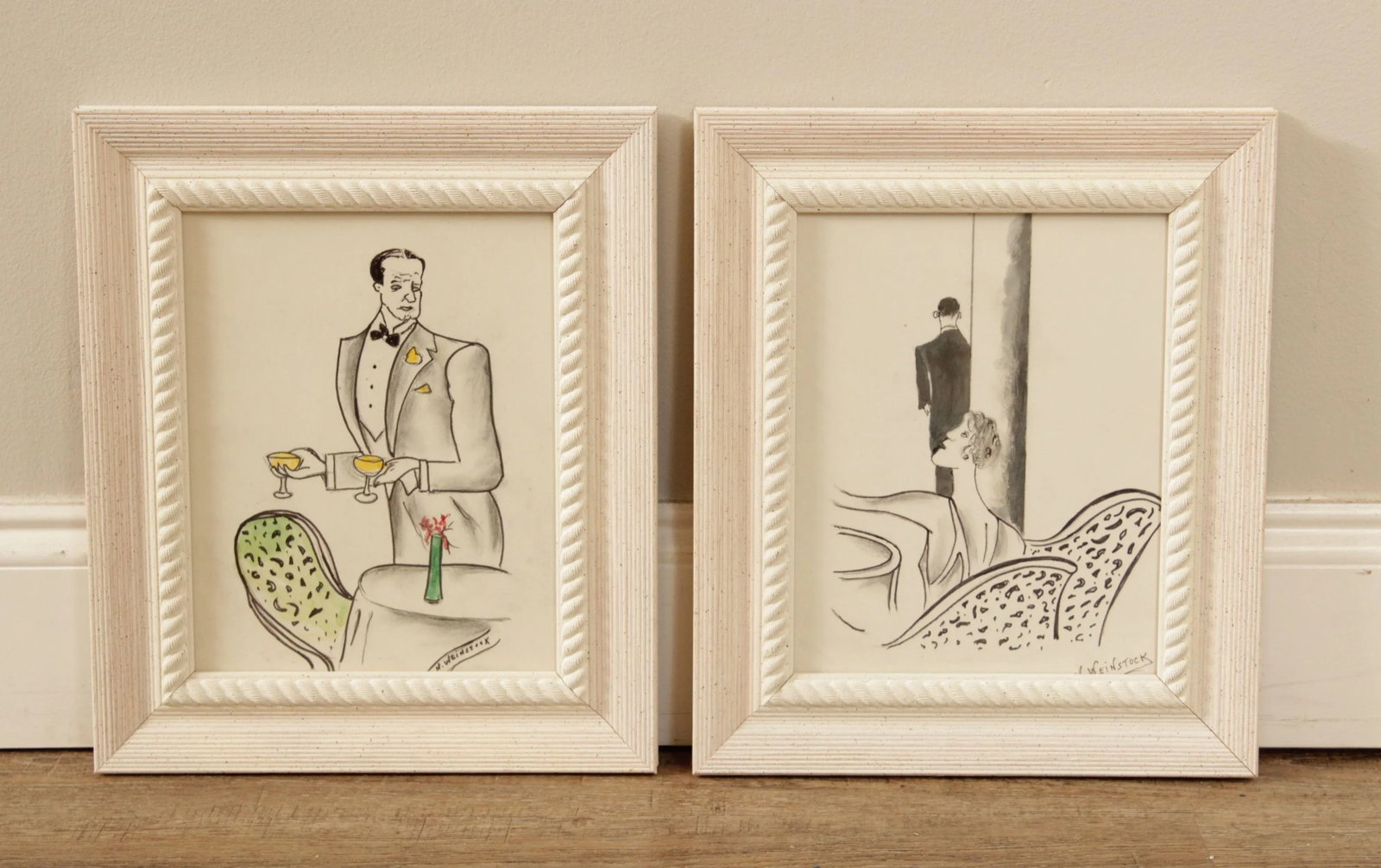 Vintage Art Deco Style Cafe Illustration, Signed - A Pair - 2