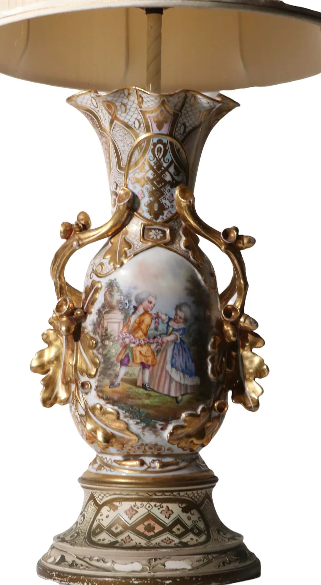 Old Paris Style Porcelain Gilt Figural Vase Table Lamp 20th C. - 5