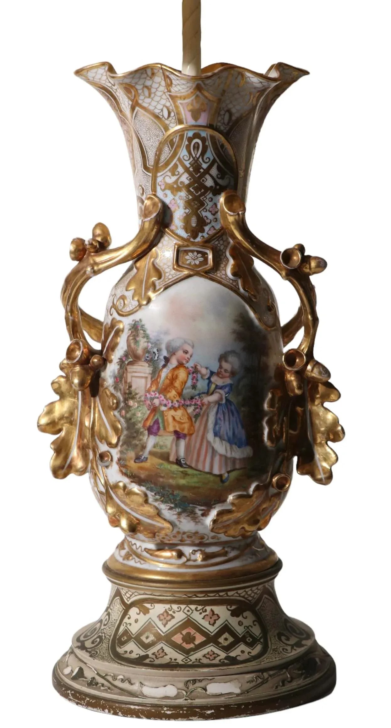 Old Paris Style Porcelain Gilt Figural Vase Table Lamp 20th C. - 7