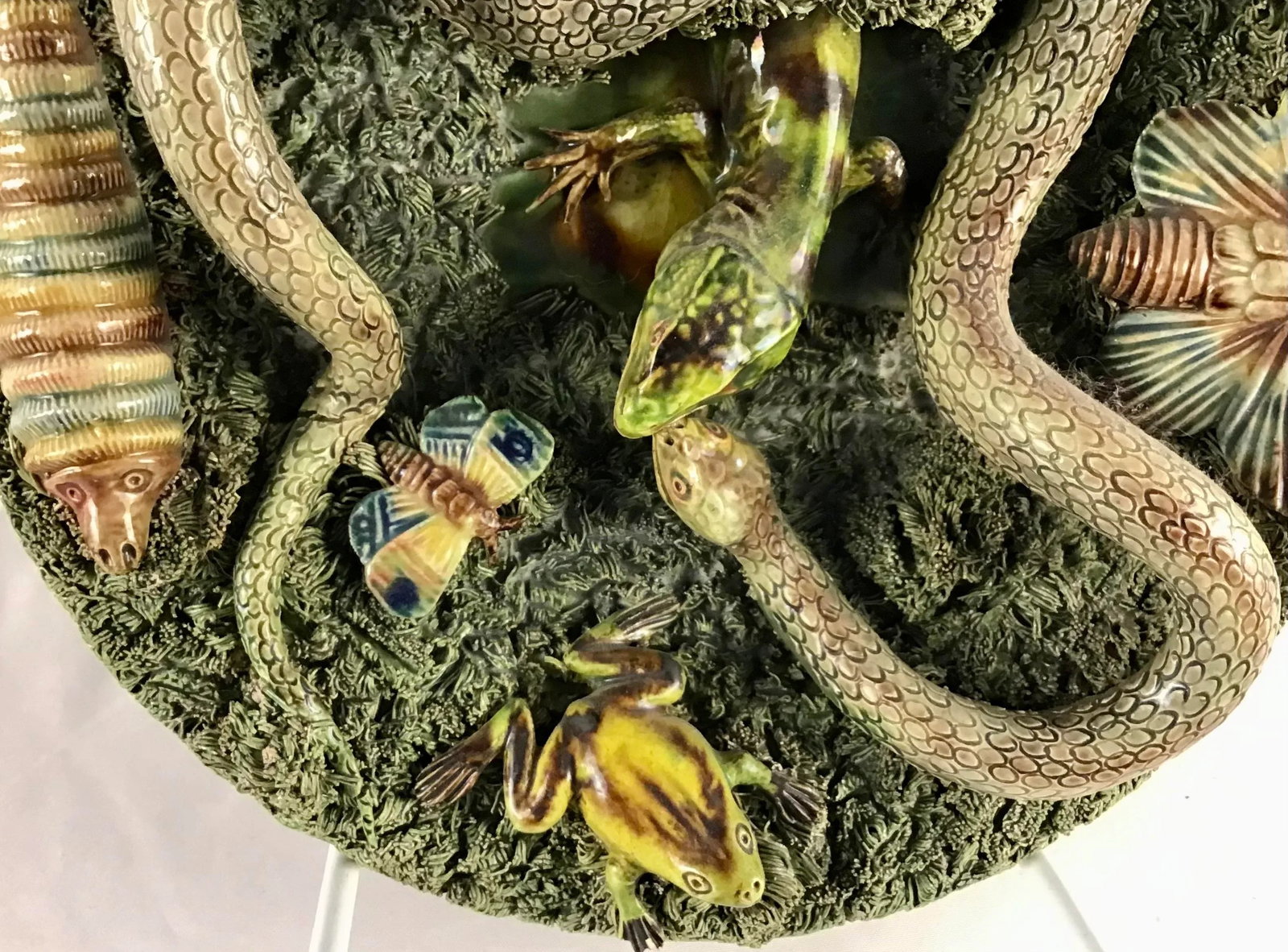 19th Majolica Palissy Snake and Lizard Wall Platter Jose Alves Cunha - 2