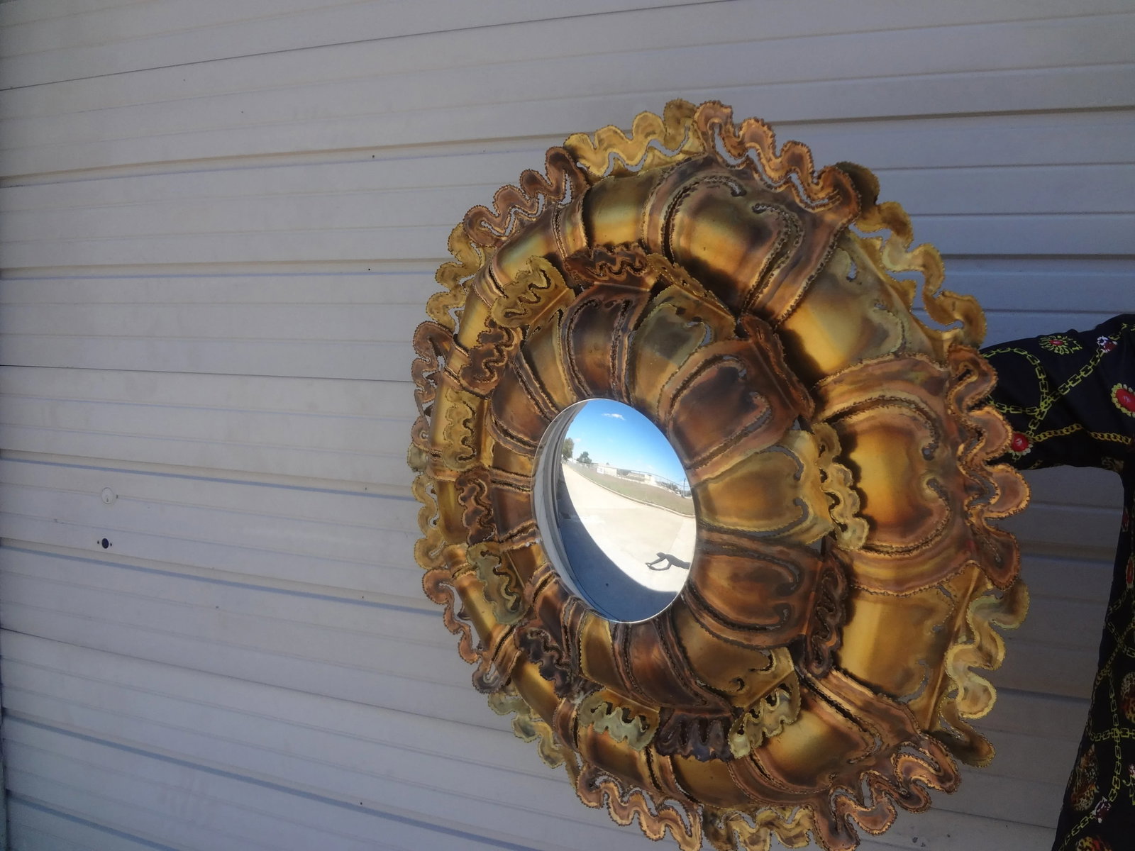Mid Century Brutalist Torch Cut Mixed Metal Convex Mirror - 2