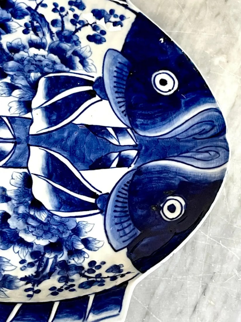 Early 20th Century Meiji Period Signed Fukagawa Blue & White Fish 'Flounder' Plate - 7