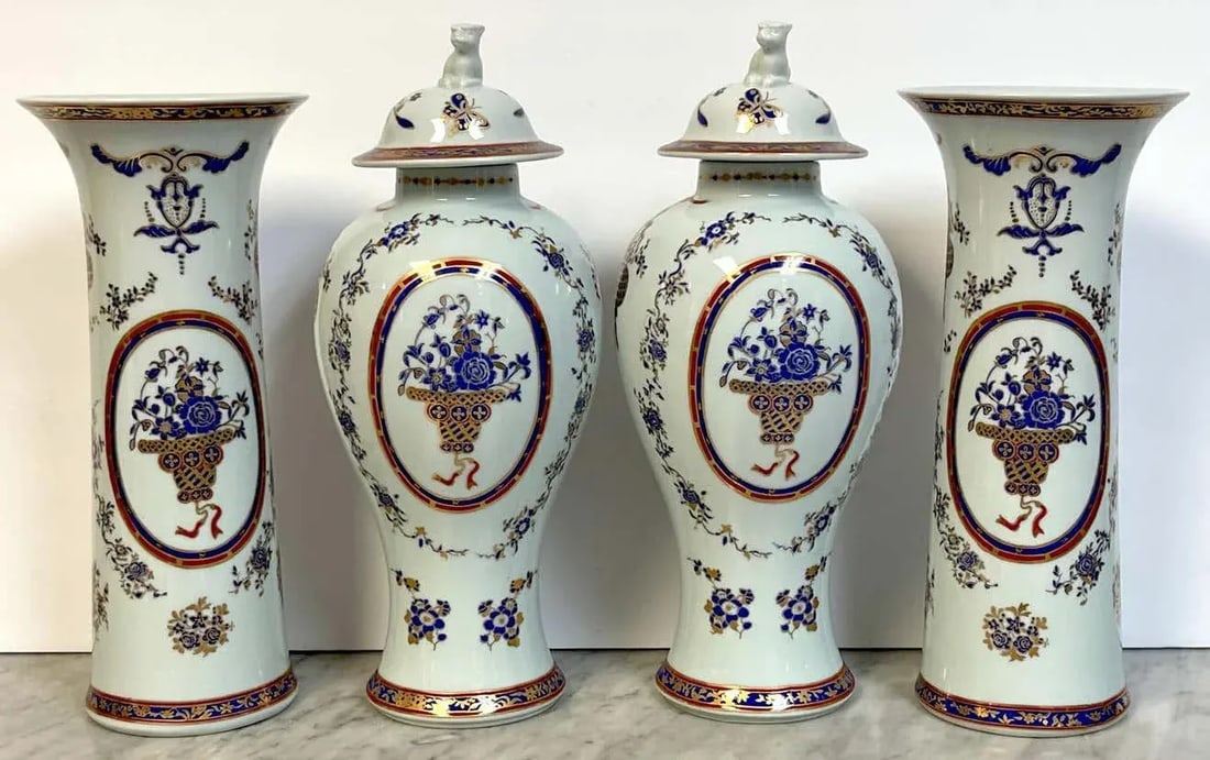 1950s French Samson Porcelain Chinese Export Style Garniture Set - 4 Pieces - 5