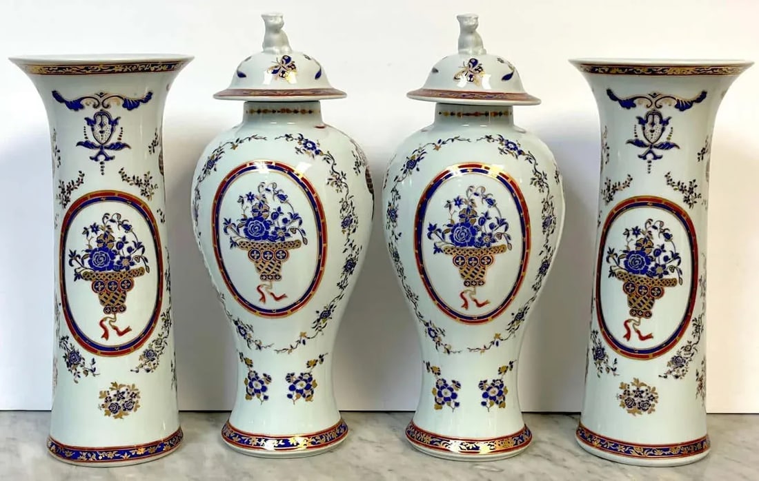 1950s French Samson Porcelain Chinese Export Style Garniture Set - 4 Pieces - 6