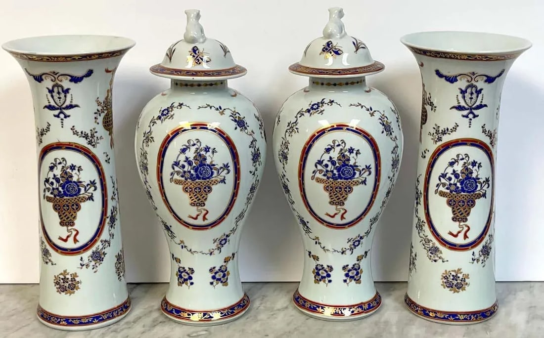 1950s French Samson Porcelain Chinese Export Style Garniture Set - 4 Pieces - 8