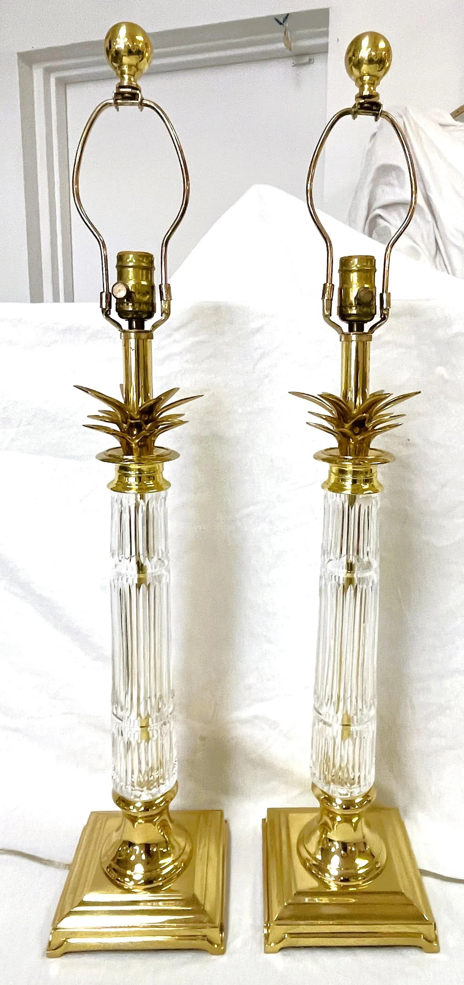 Vintage Hollywood Regency Brass and Cut Glass Candlestick Buffet Lamps- a Pair - 3