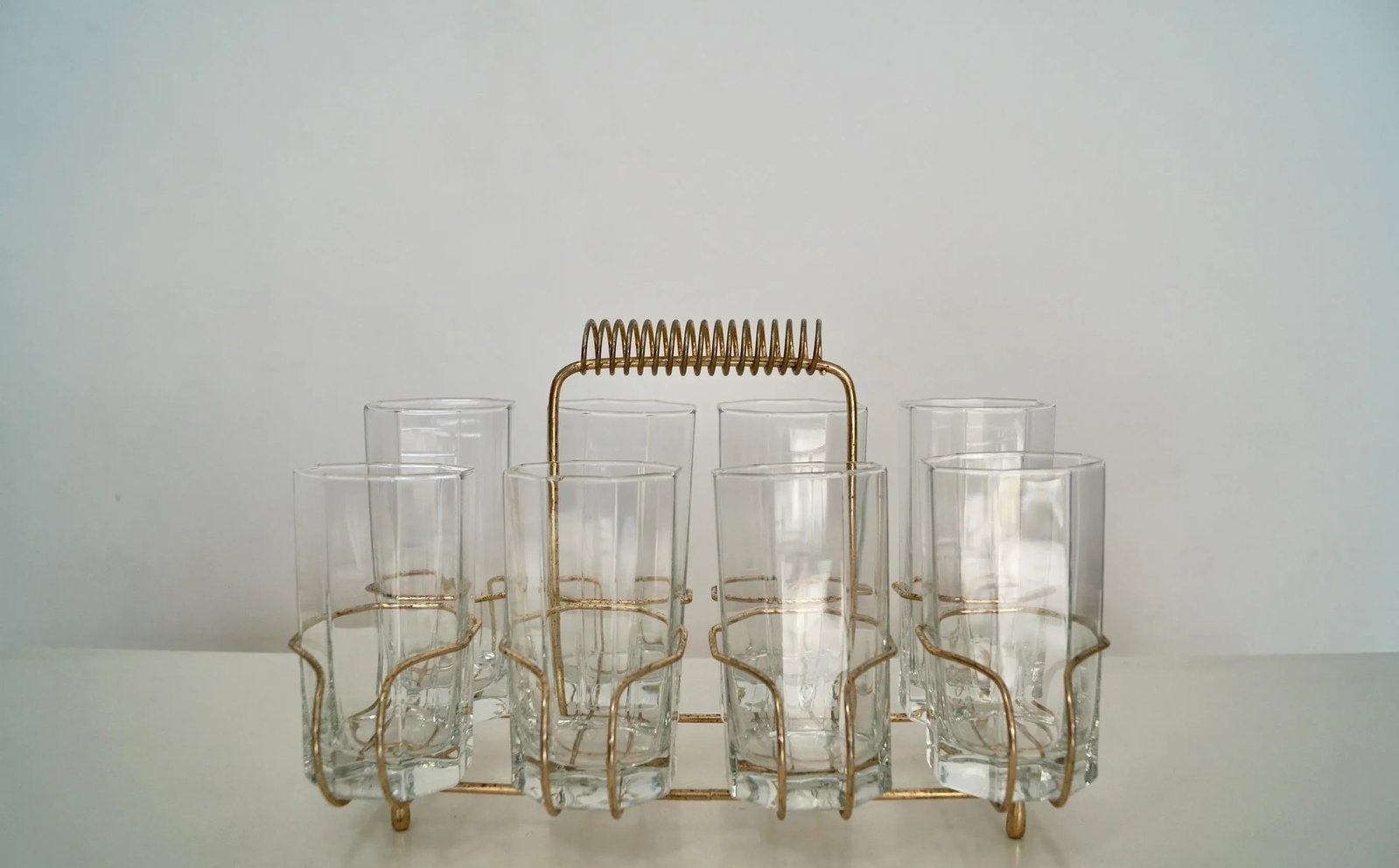 1950's Hollywood Regency Brass Caddy Barware Glass Set - 2