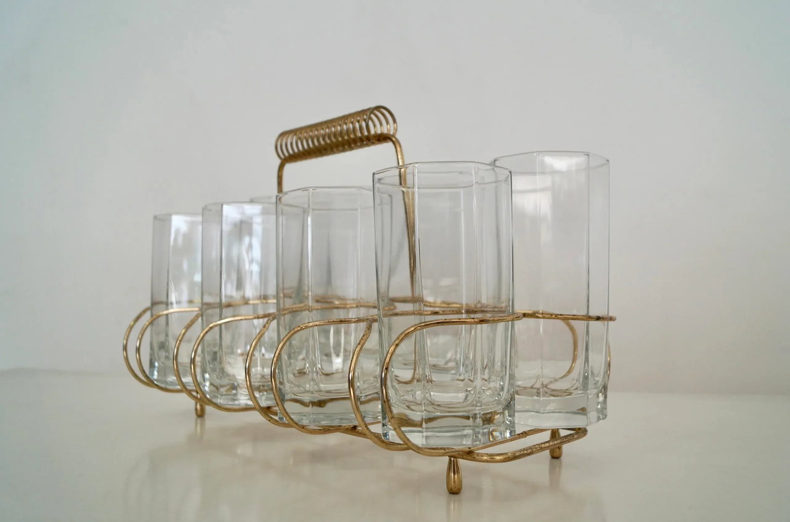 1950's Hollywood Regency Brass Caddy Barware Glass Set - 7