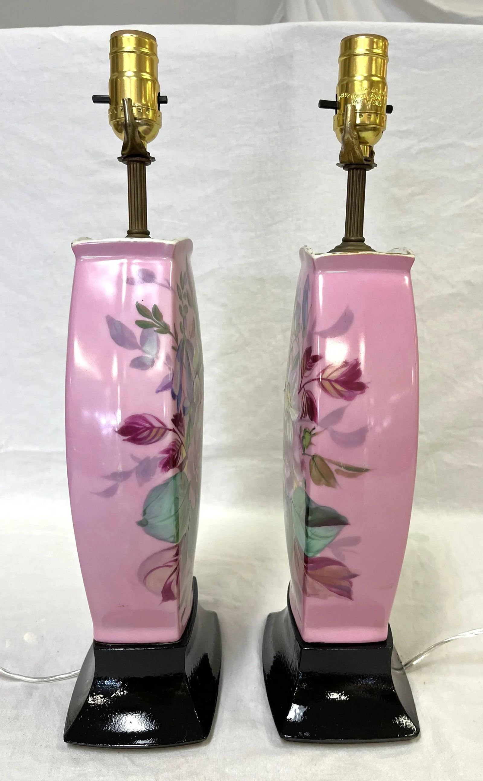 Early 20th Century Hand Painted Porcelain Lamps on Wood Bases- a Pair - 2