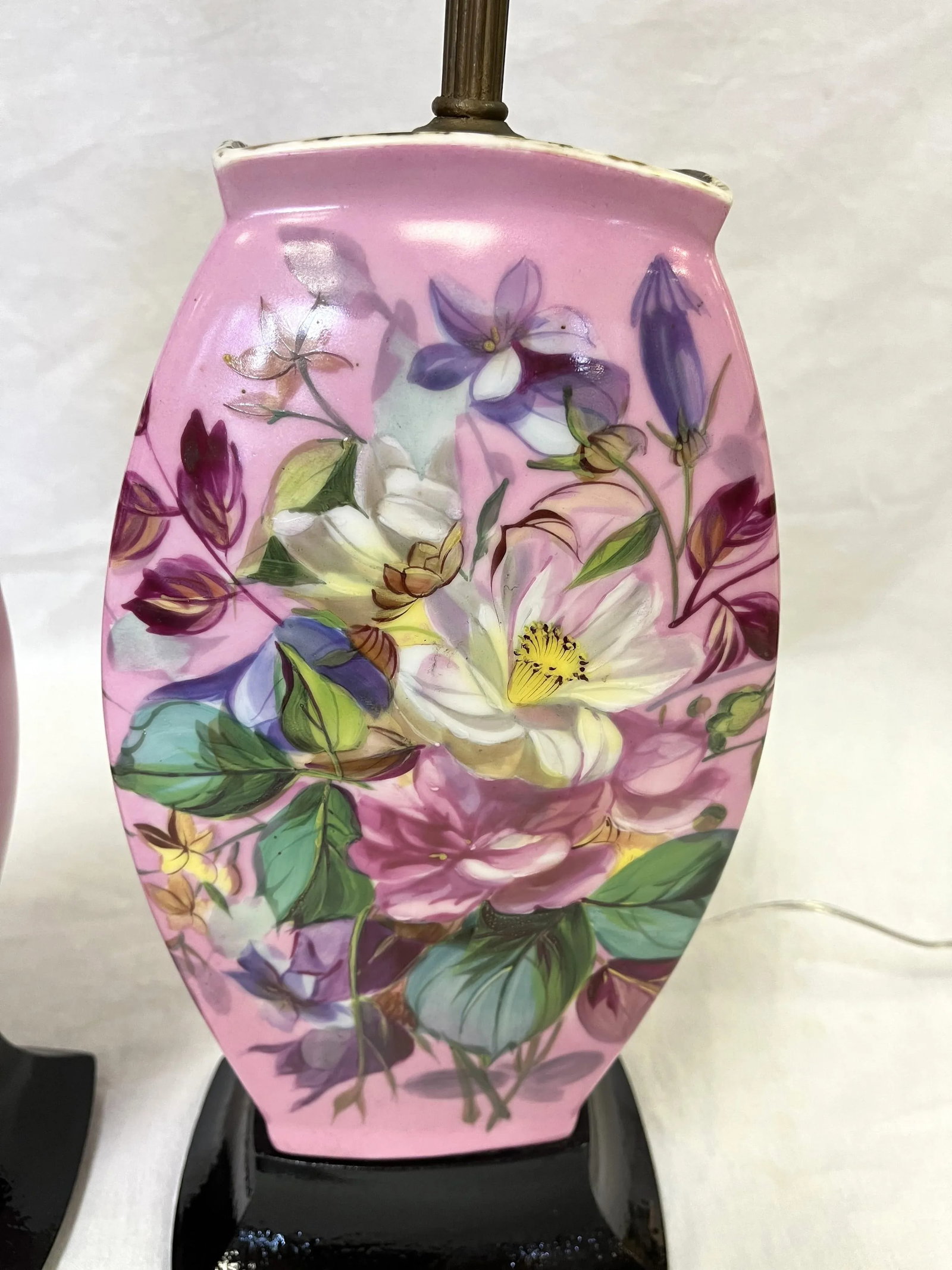 Early 20th Century Hand Painted Porcelain Lamps on Wood Bases- a Pair - 3