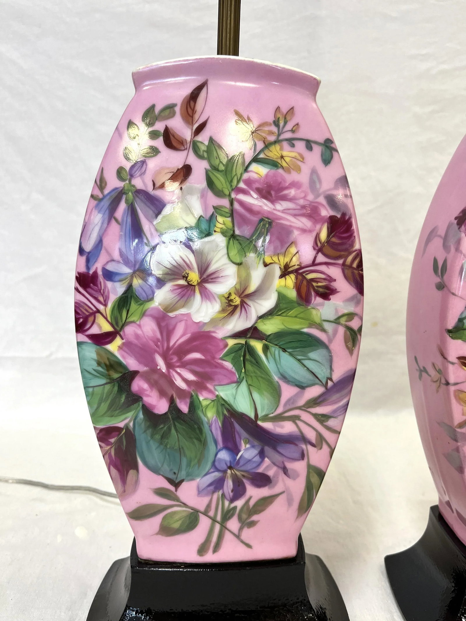 Early 20th Century Hand Painted Porcelain Lamps on Wood Bases- a Pair - 4