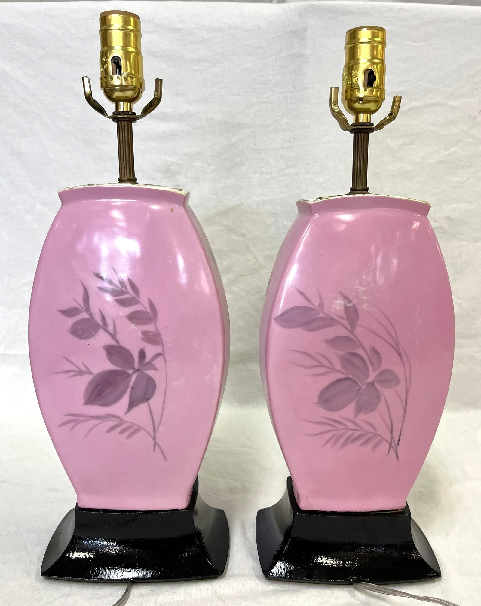 Early 20th Century Hand Painted Porcelain Lamps on Wood Bases- a Pair - 5