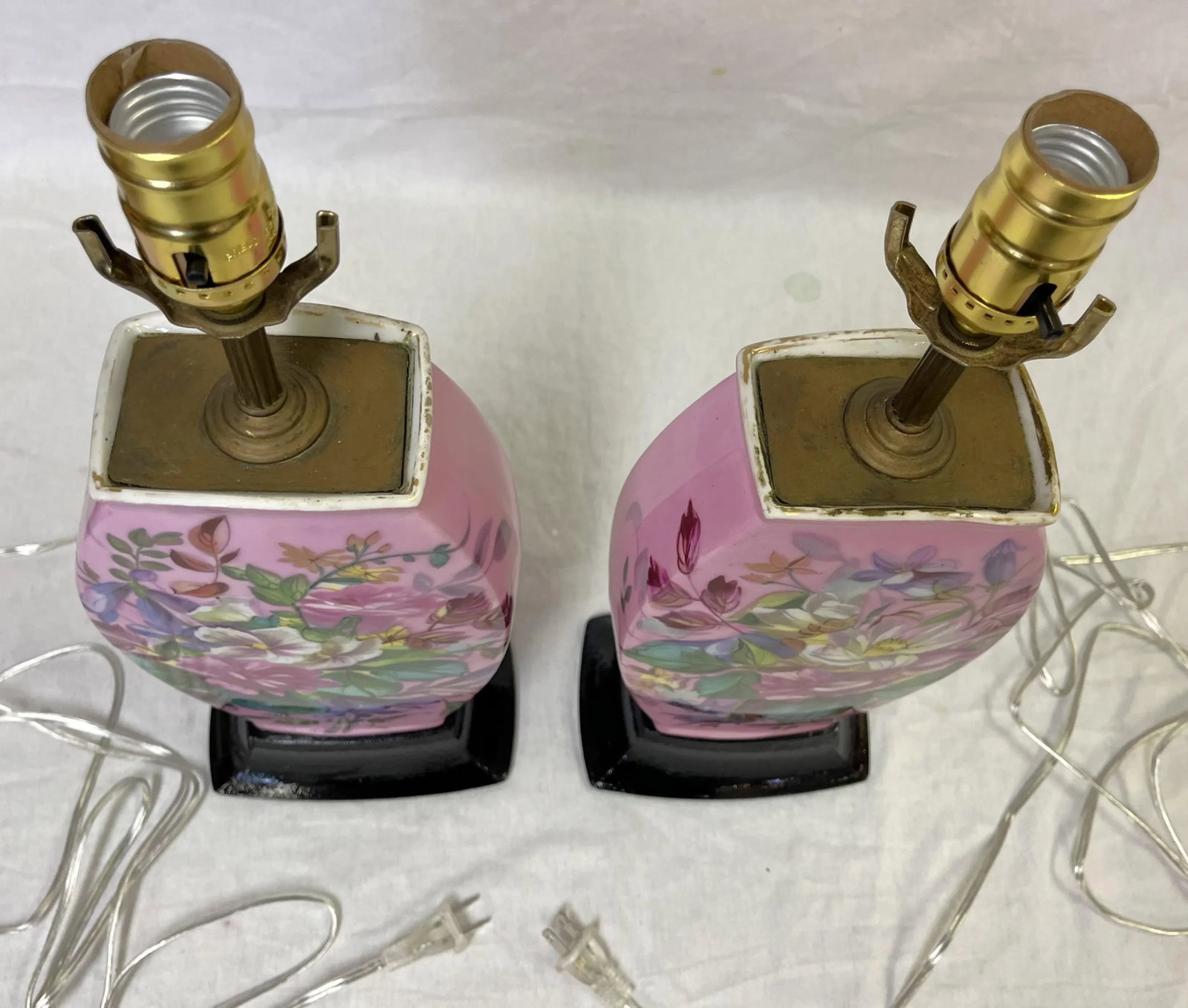 Early 20th Century Hand Painted Porcelain Lamps on Wood Bases- a Pair - 7
