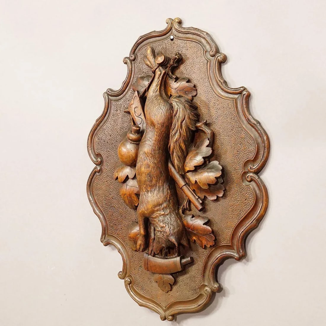 Antique Wooden Carved Black Forest Game Plaque With Fox - 2