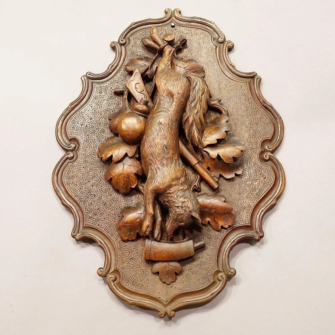 Antique Wooden Carved Black Forest Game Plaque With Fox - 3