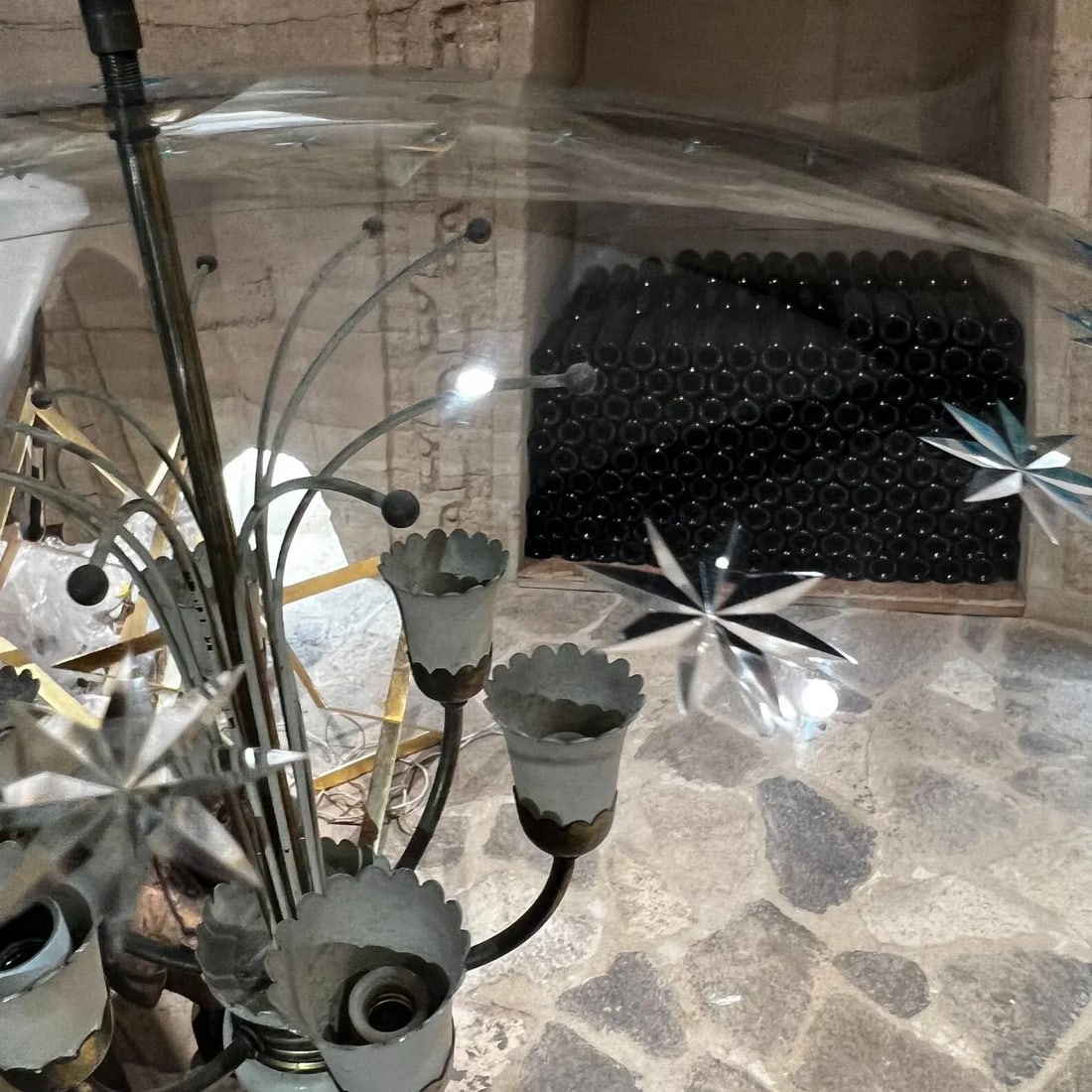 Mid-Century Mod Cut Glass Floral Brass Chandelier Attr Luigi Brusotti Italy - 5