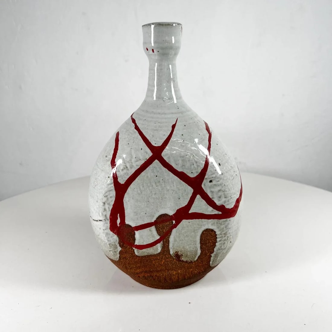 1970s Studio Pottery Vase Abstract Red White Vessel Signed - 10