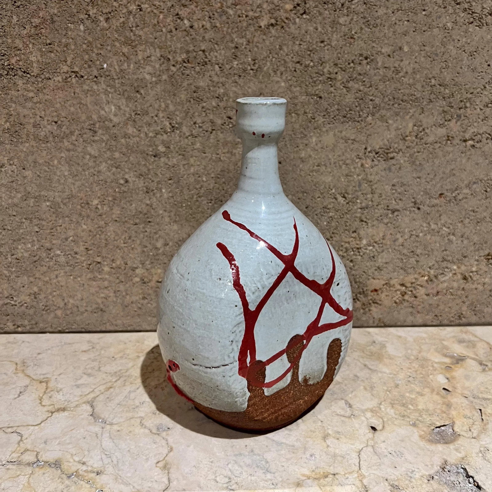 1970s Studio Pottery Vase Abstract Red White Vessel Signed - 2