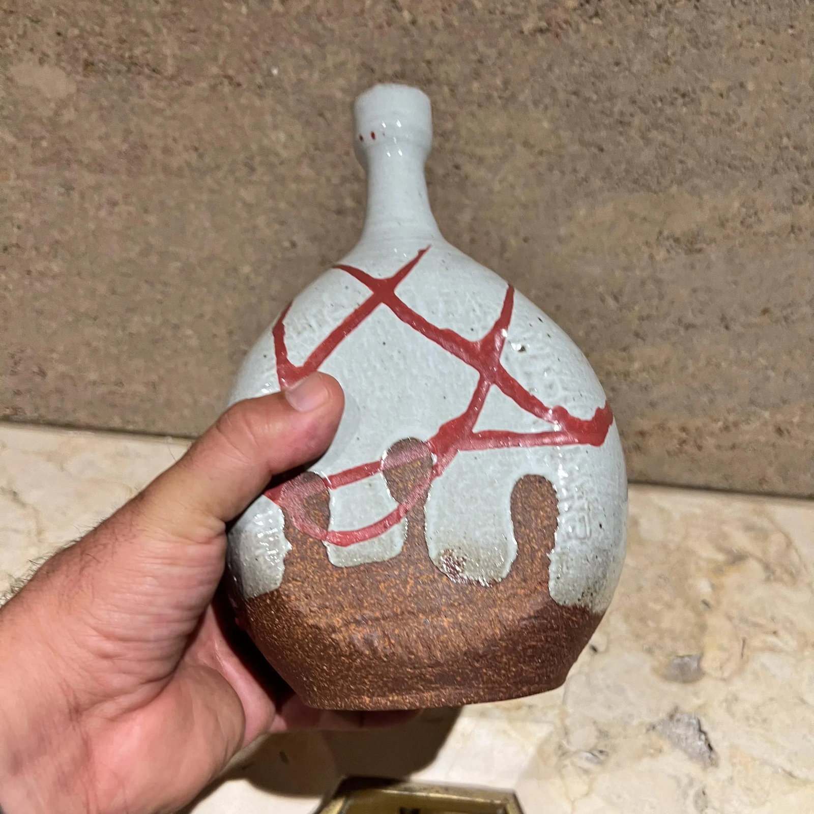 1970s Studio Pottery Vase Abstract Red White Vessel Signed - 3