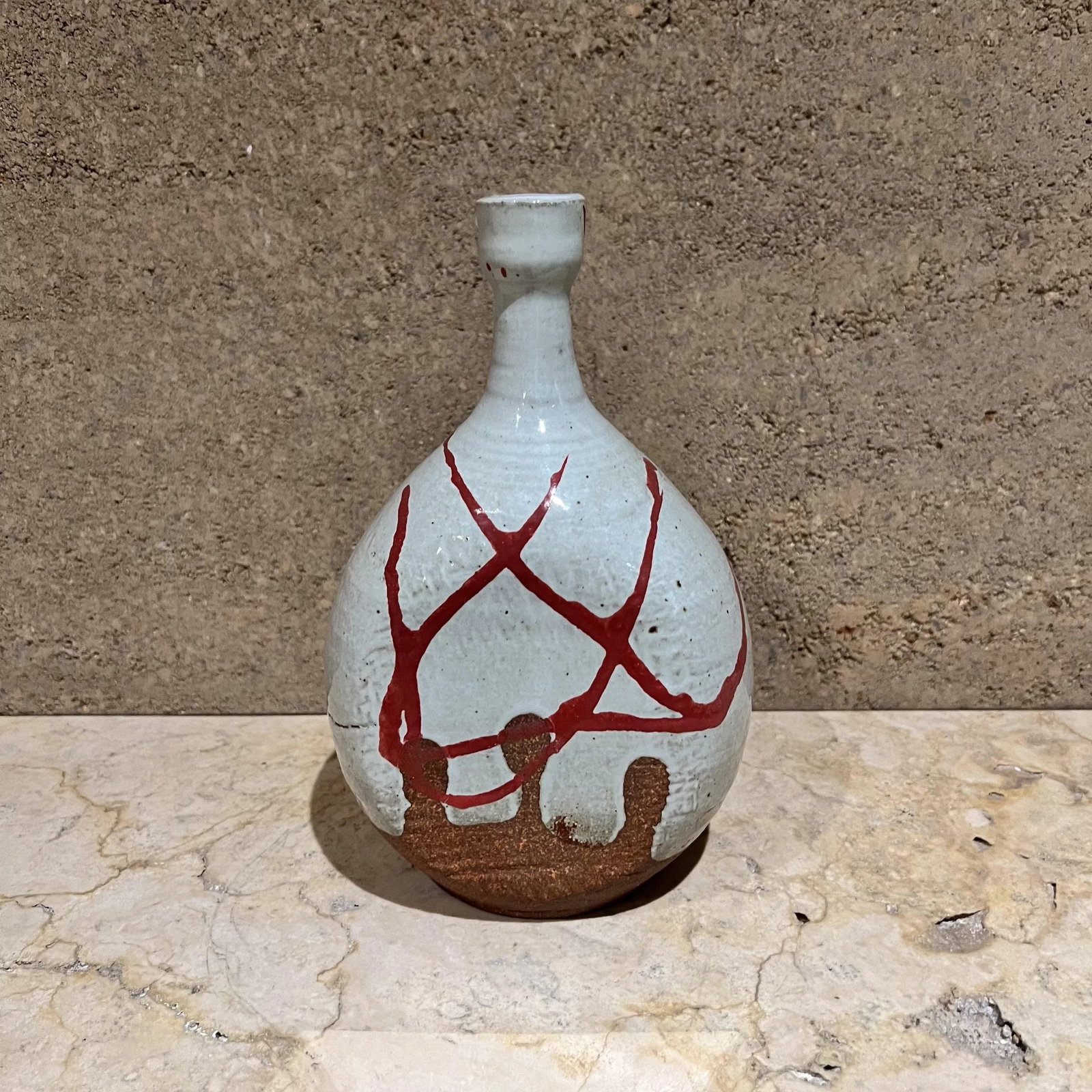 1970s Studio Pottery Vase Abstract Red White Vessel Signed - 5