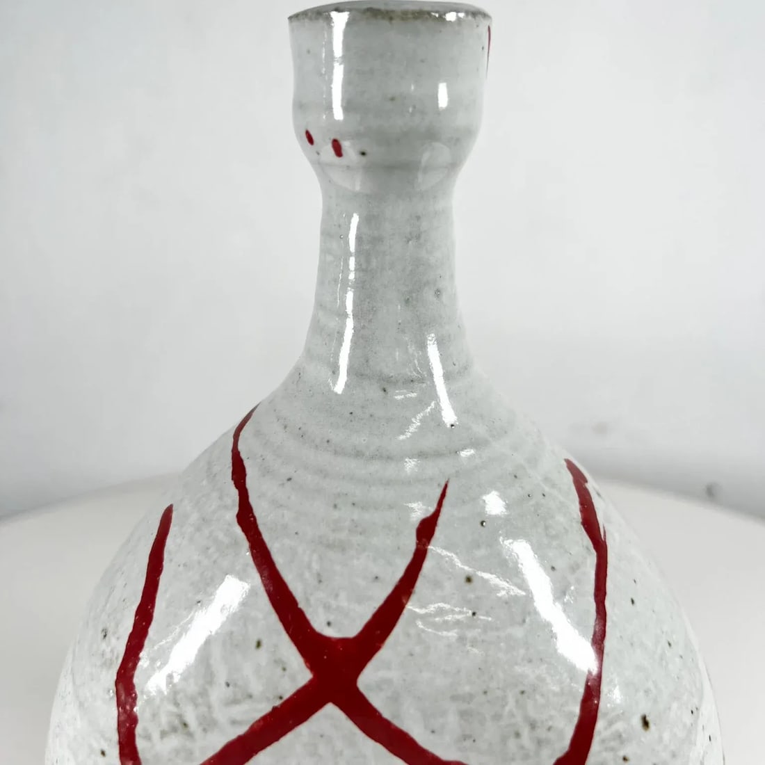 1970s Studio Pottery Vase Abstract Red White Vessel Signed - 7