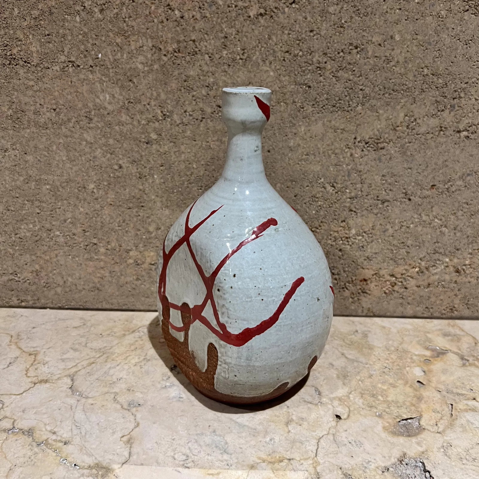 1970s Studio Pottery Vase Abstract Red White Vessel Signed - 8