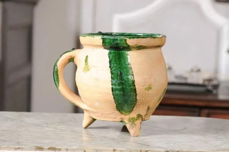 19th Century French Provincial Pottery Cooking Pot with Partial Green Glaze - 4