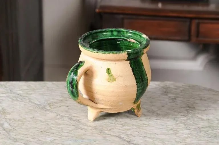 19th Century French Provincial Pottery Cooking Pot with Partial Green Glaze - 5