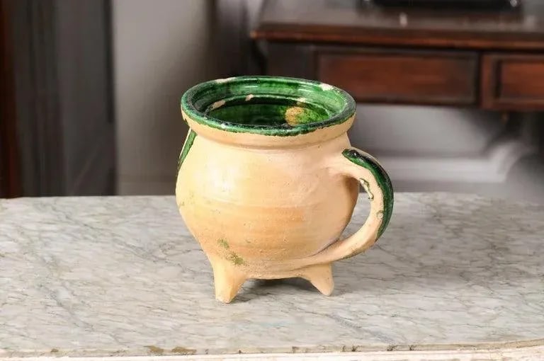 19th Century French Provincial Pottery Cooking Pot with Partial Green Glaze - 7