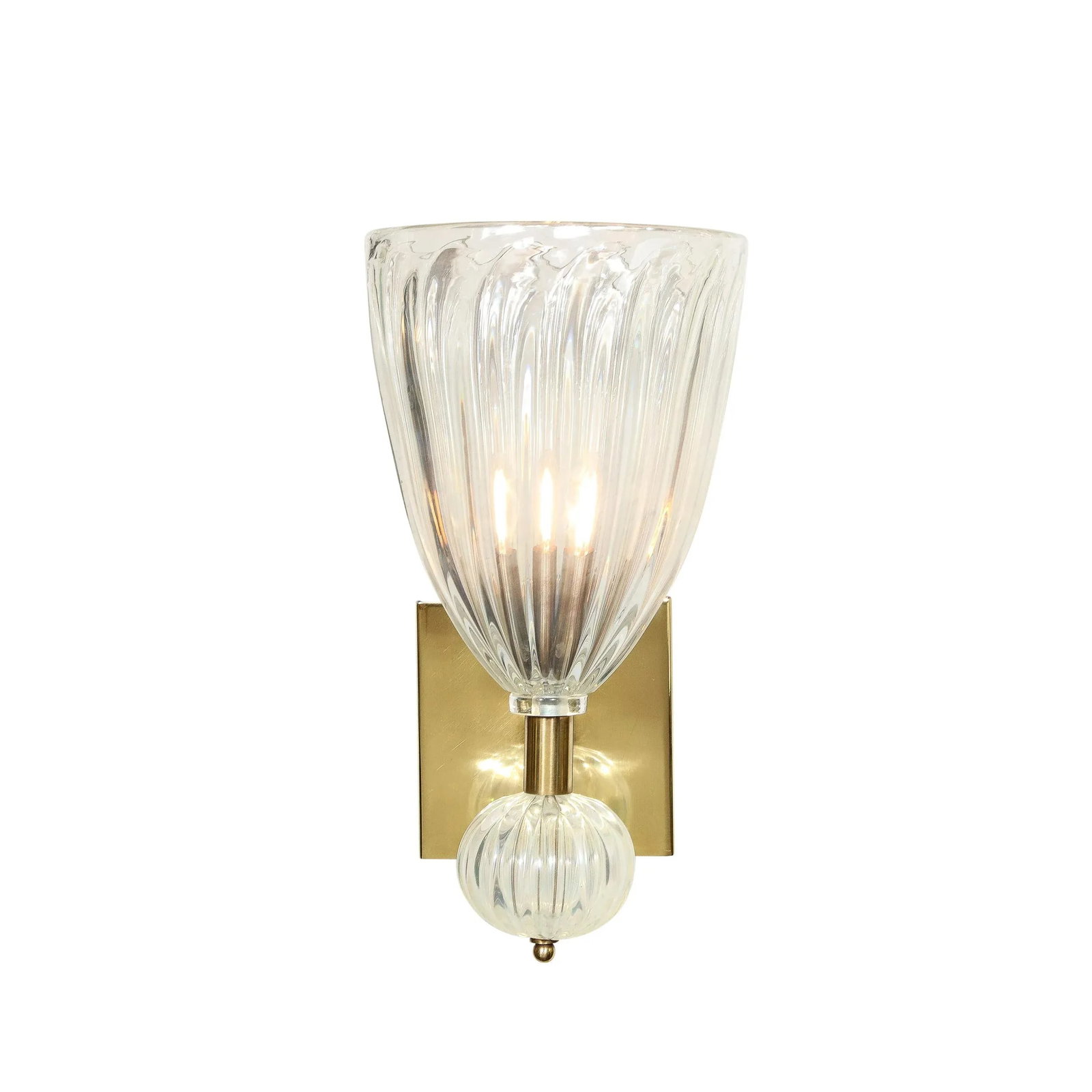 Contemporary Modernist Brass & Handblown Iridescent Murano Glass Sconces With Orbital Drop - a Pair - 2