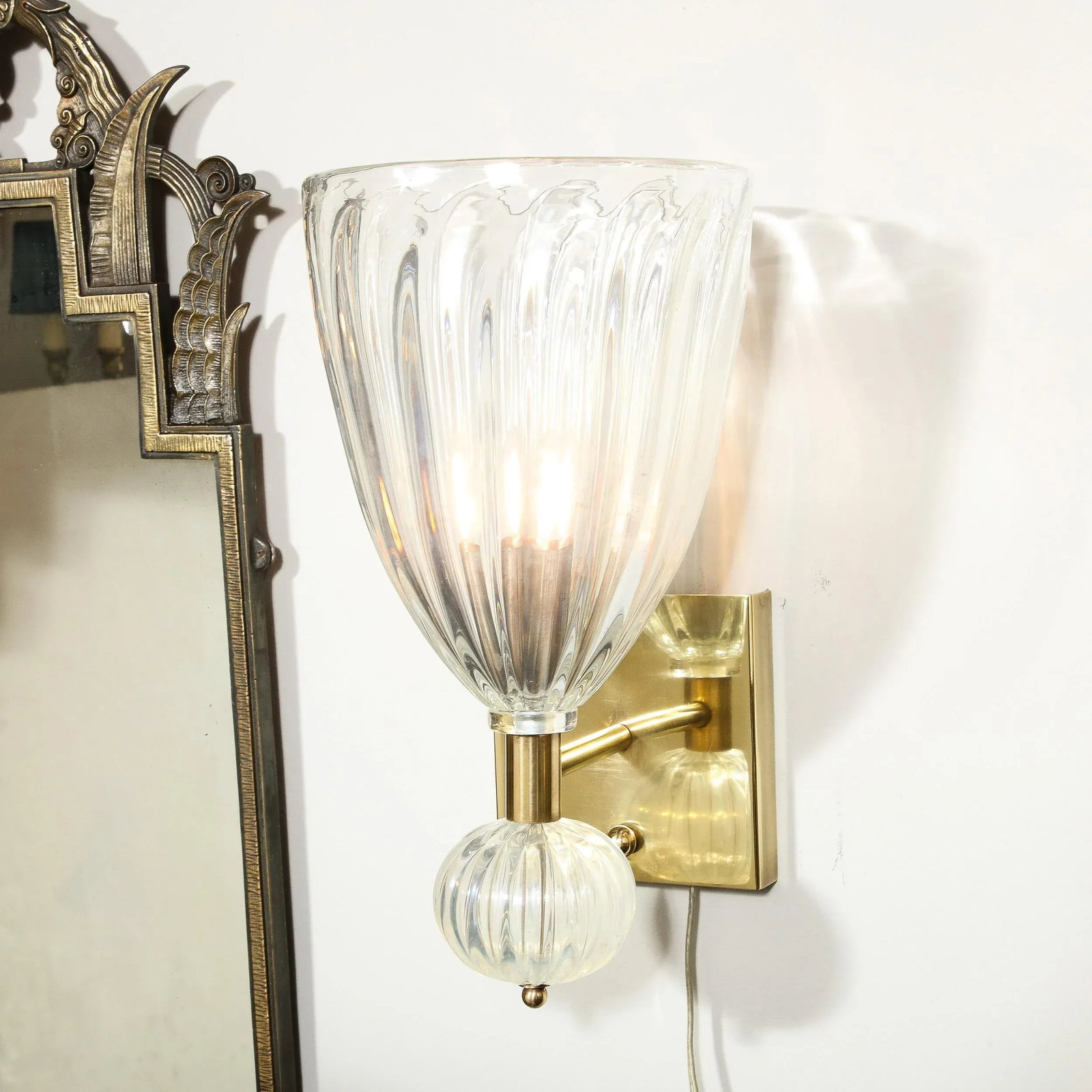 Contemporary Modernist Brass & Handblown Iridescent Murano Glass Sconces With Orbital Drop - a Pair - 7