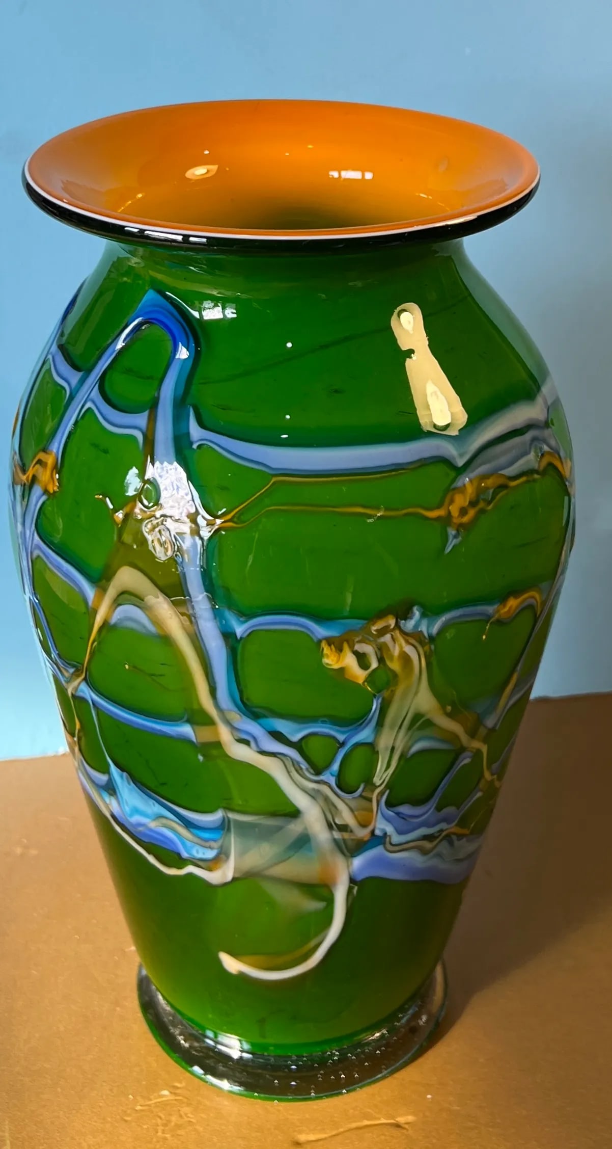 Azerbaijain Art Glass Green Vase With Blue Orange Swirls - 7