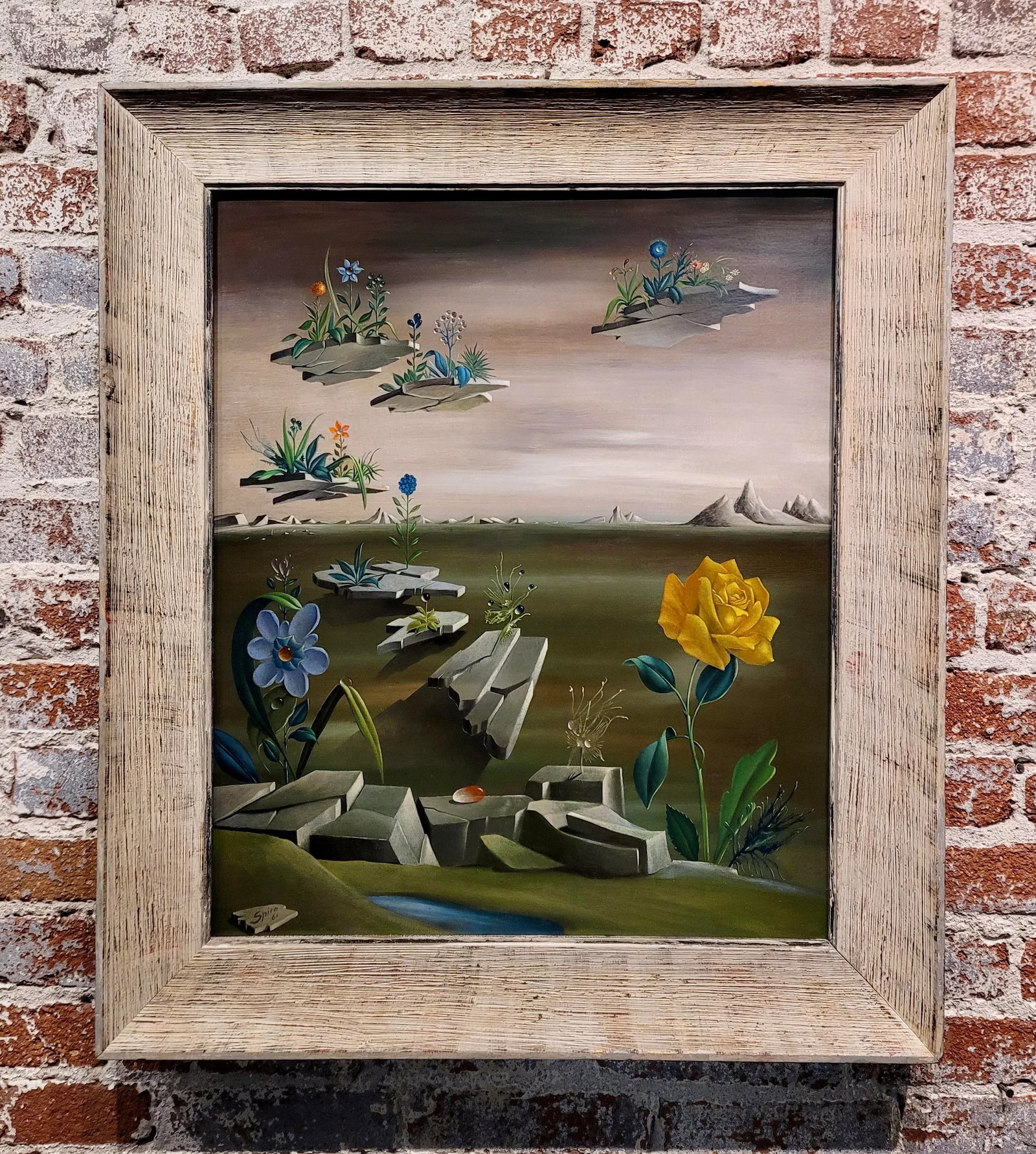 Georges Spiro -Gemstone Flowers in a Surreal Desert Landscape-Oil Painting C.1960s - 2