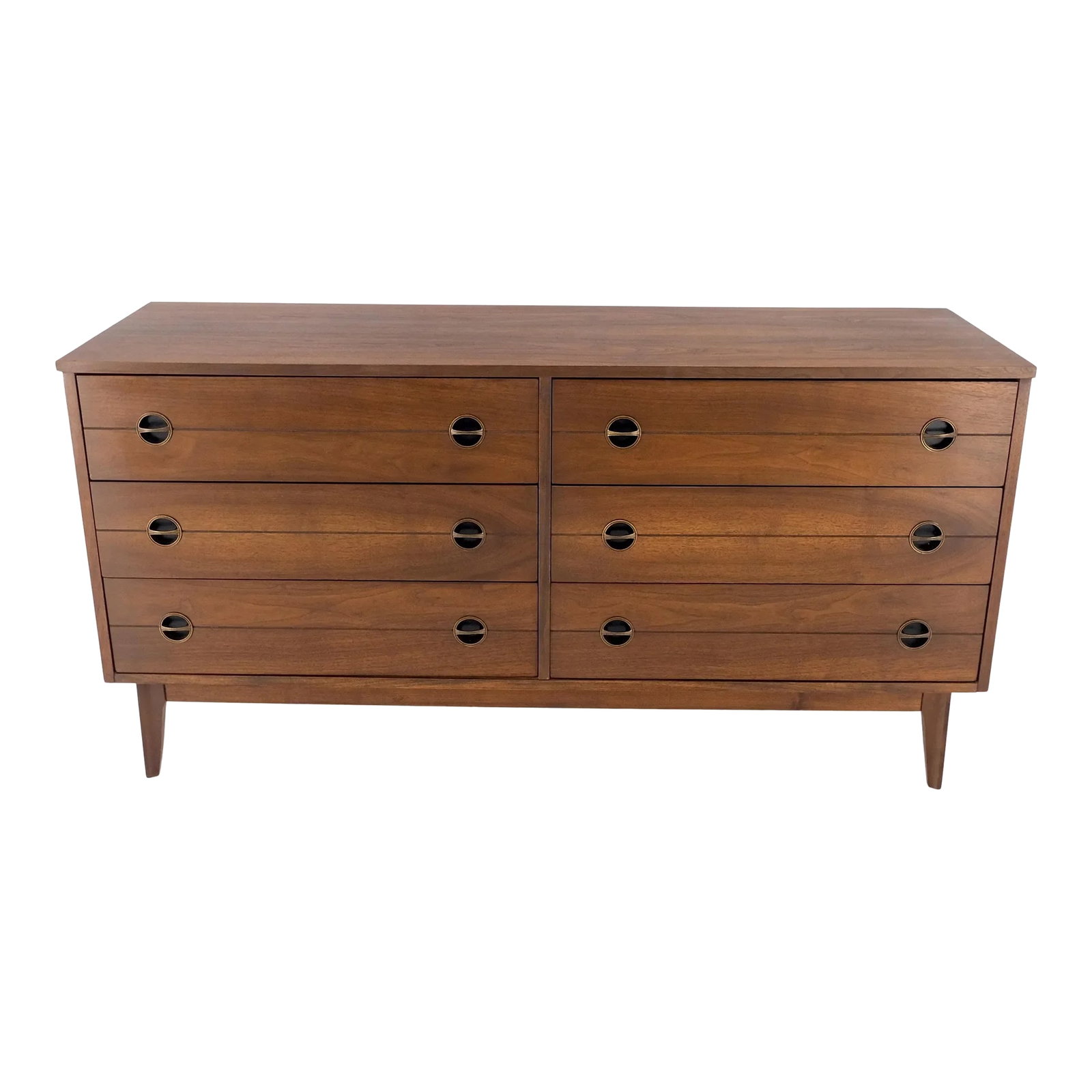 Danish Mid Century Modern 6 Drawers Walnut Double Dresser Credenza Round Pulls: Danish Mid Century Modern 6 Drawers Walnut Compact Double Dresser Credenza Round Pulls MINT! Condition: Alterations: Unknown Imperfections: Some Imperfections Condition Notes: Good Wear consistent