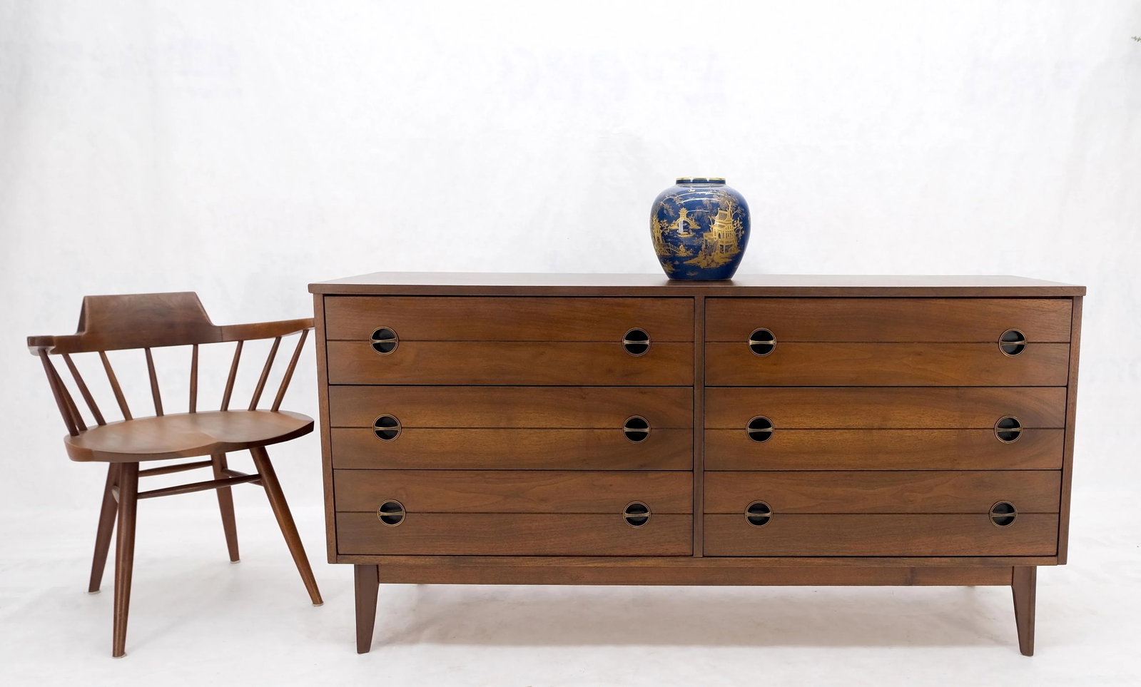 Danish Mid Century Modern 6 Drawers Walnut Double Dresser Credenza Round Pulls - 6