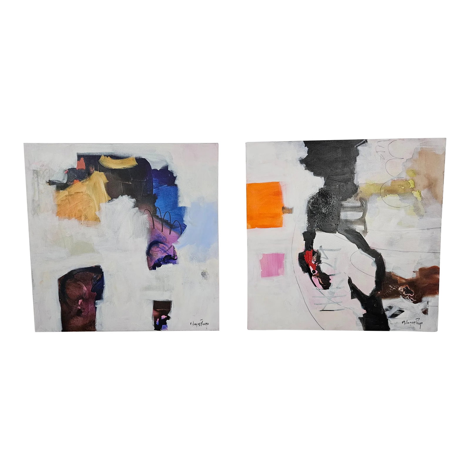 Meta & Meta II Original Mixed Media Painting on Canvas by Milagros Pongo Pair: Milagros Pongo is a modern artist working in Florida who was born in Lima on April 18, 1972. She studied painting at the Instituto Nacional de Bellas Artes in Mexico and under Porfirio Bustos in