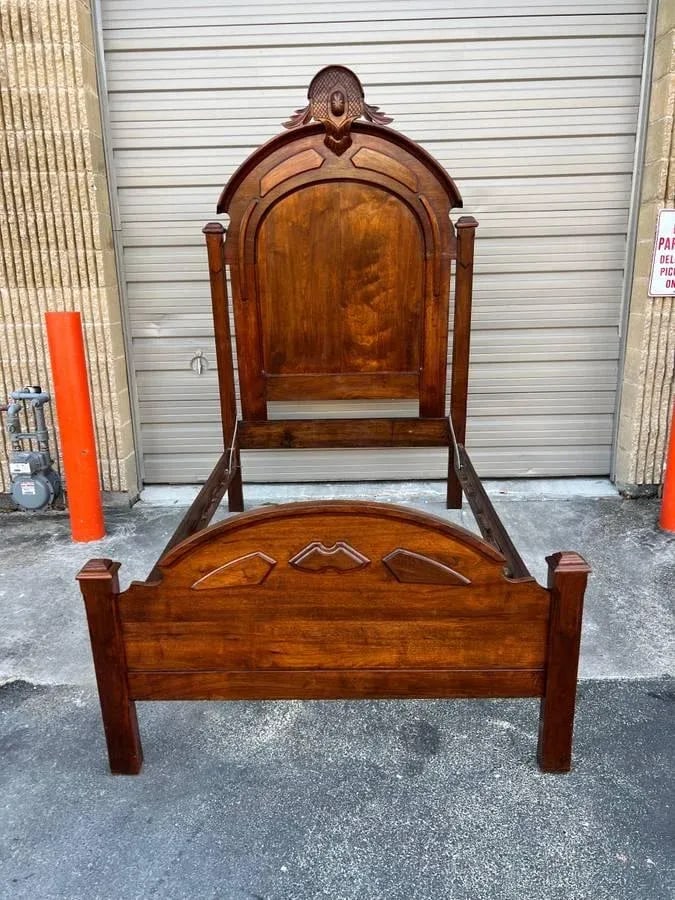 19th Century Solid Walnut Carved Double Bed Frame. - 2