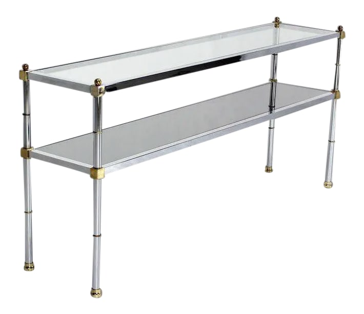 Mid-Century Modern Chrome Brass and Glass Two-Tier Table: Nice mixed metals glass top console table in style of M. Baughamn. Condition: Alterations: Unknown Imperfections: Some Imperfections Condition Notes: EXCELLENT Materials & Techniques: Brass,