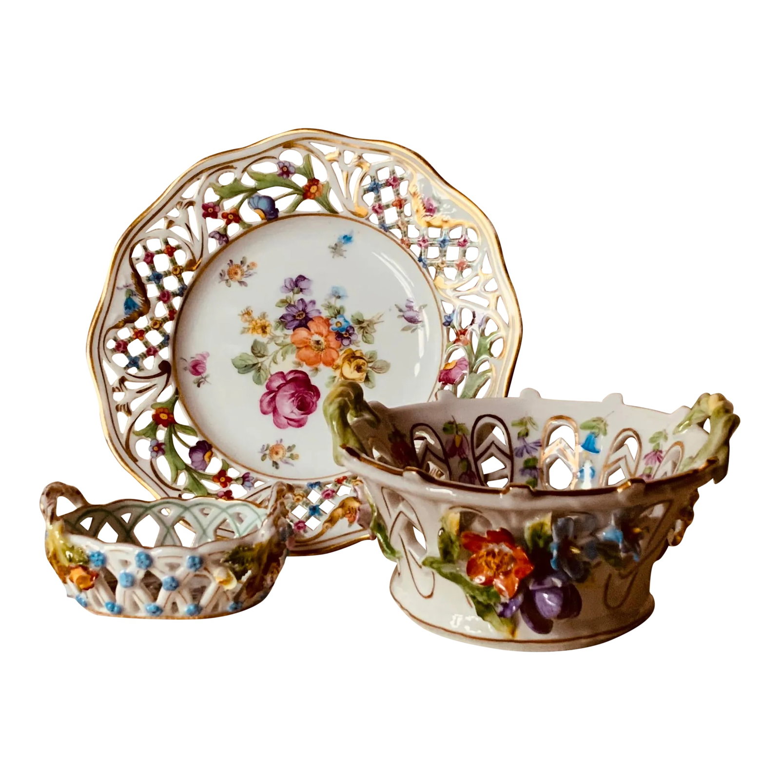 Curated Collection of Three Dresden Reticulated Porcelain Serving Pieces - Hand Painted German Artis: A delightful trio of Dresden porcelain treasures discovered in the enchanting brocantes of Paris! This carefully curated collection showcases the exquisite artistry of German porcelain makers,