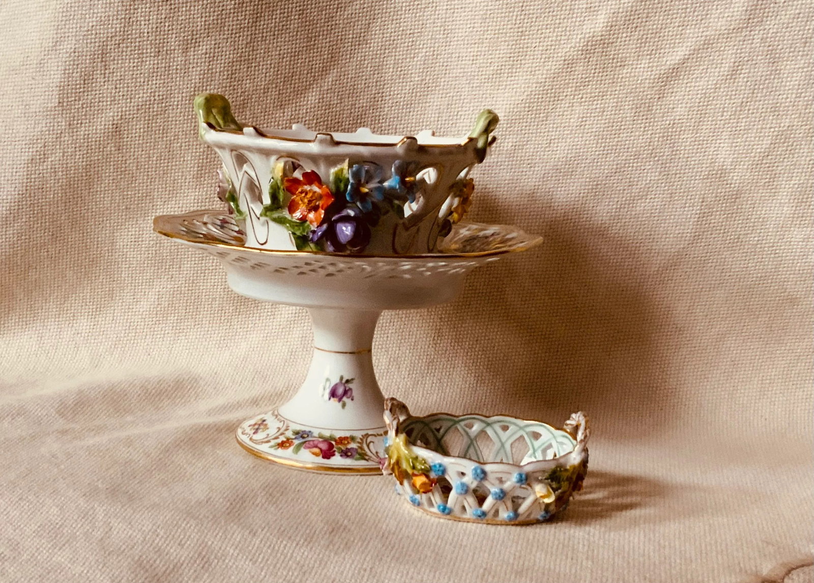 Curated Collection of Three Dresden Reticulated Porcelain Serving Pieces - Hand Painted German Artis - 3