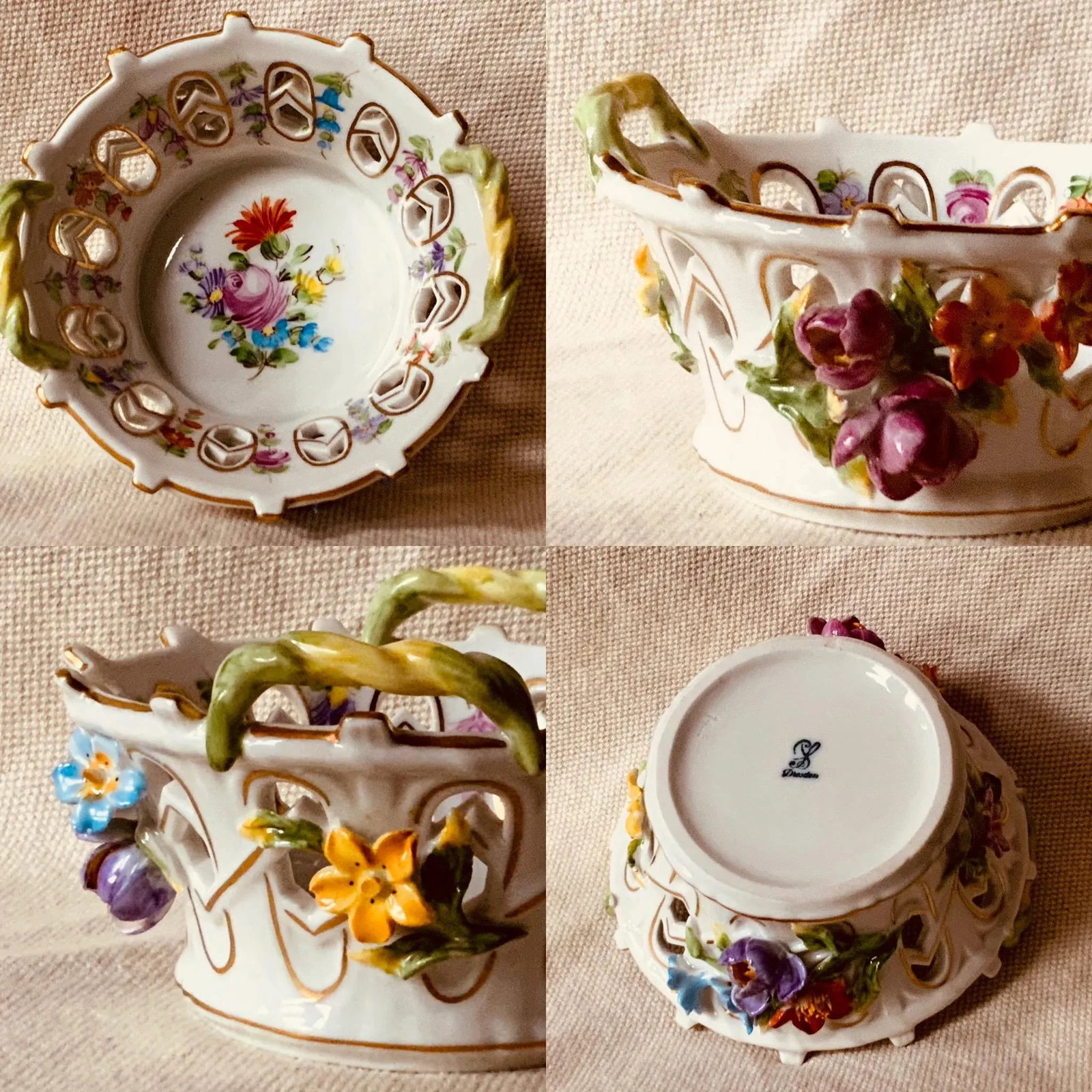 Curated Collection of Three Dresden Reticulated Porcelain Serving Pieces - Hand Painted German Artis - 4
