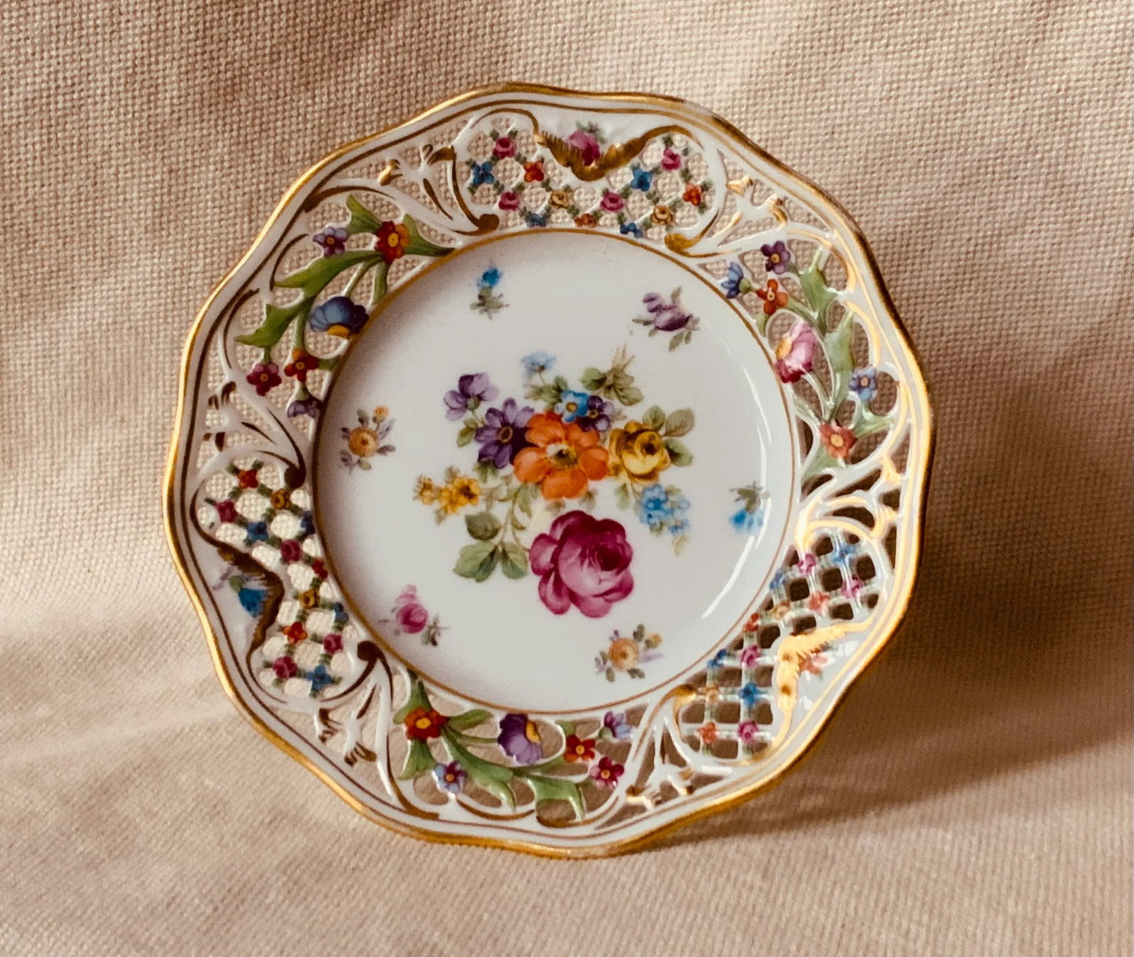 Curated Collection of Three Dresden Reticulated Porcelain Serving Pieces - Hand Painted German Artis - 5