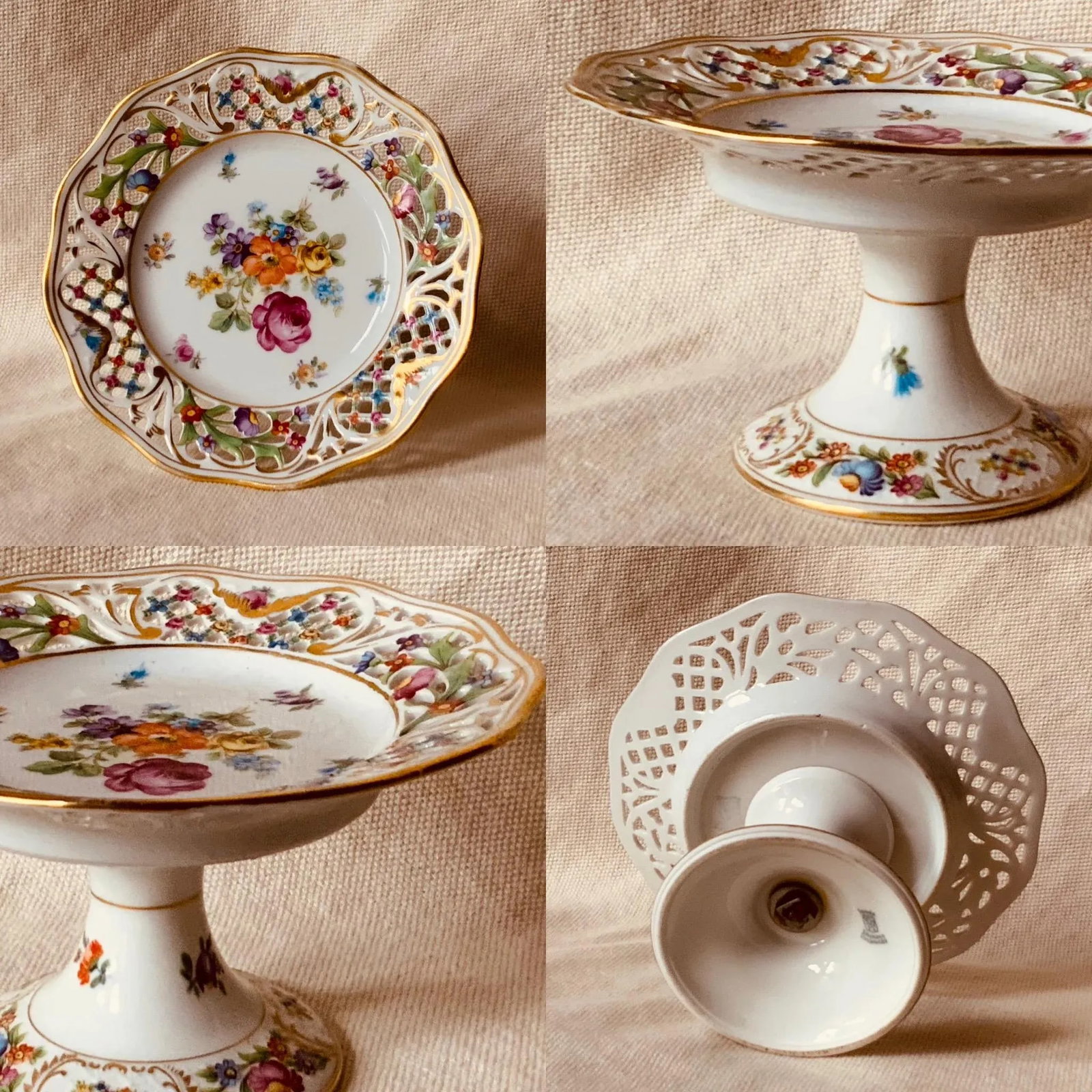 Curated Collection of Three Dresden Reticulated Porcelain Serving Pieces - Hand Painted German Artis - 7