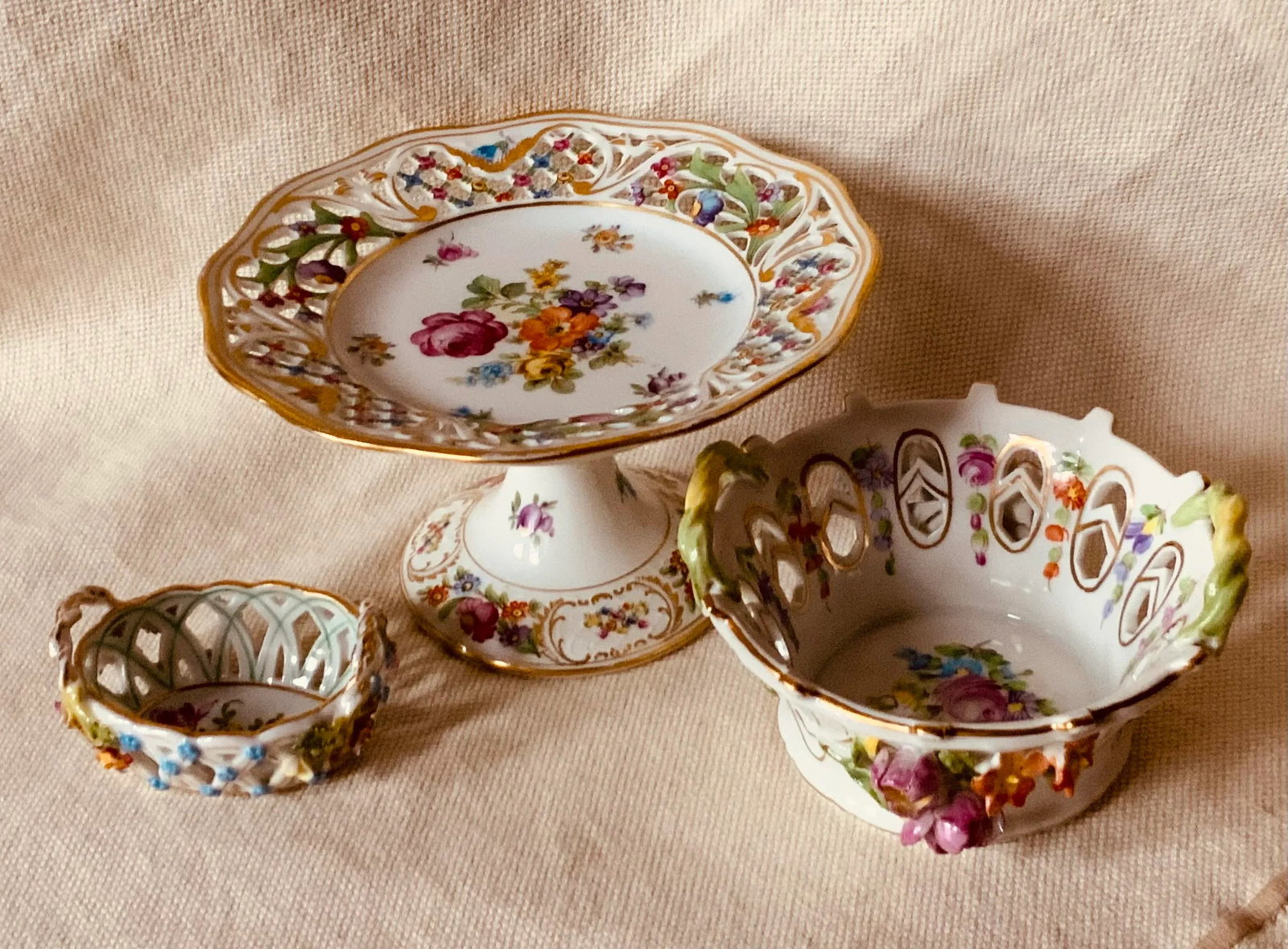 Curated Collection of Three Dresden Reticulated Porcelain Serving Pieces - Hand Painted German Artis - 8