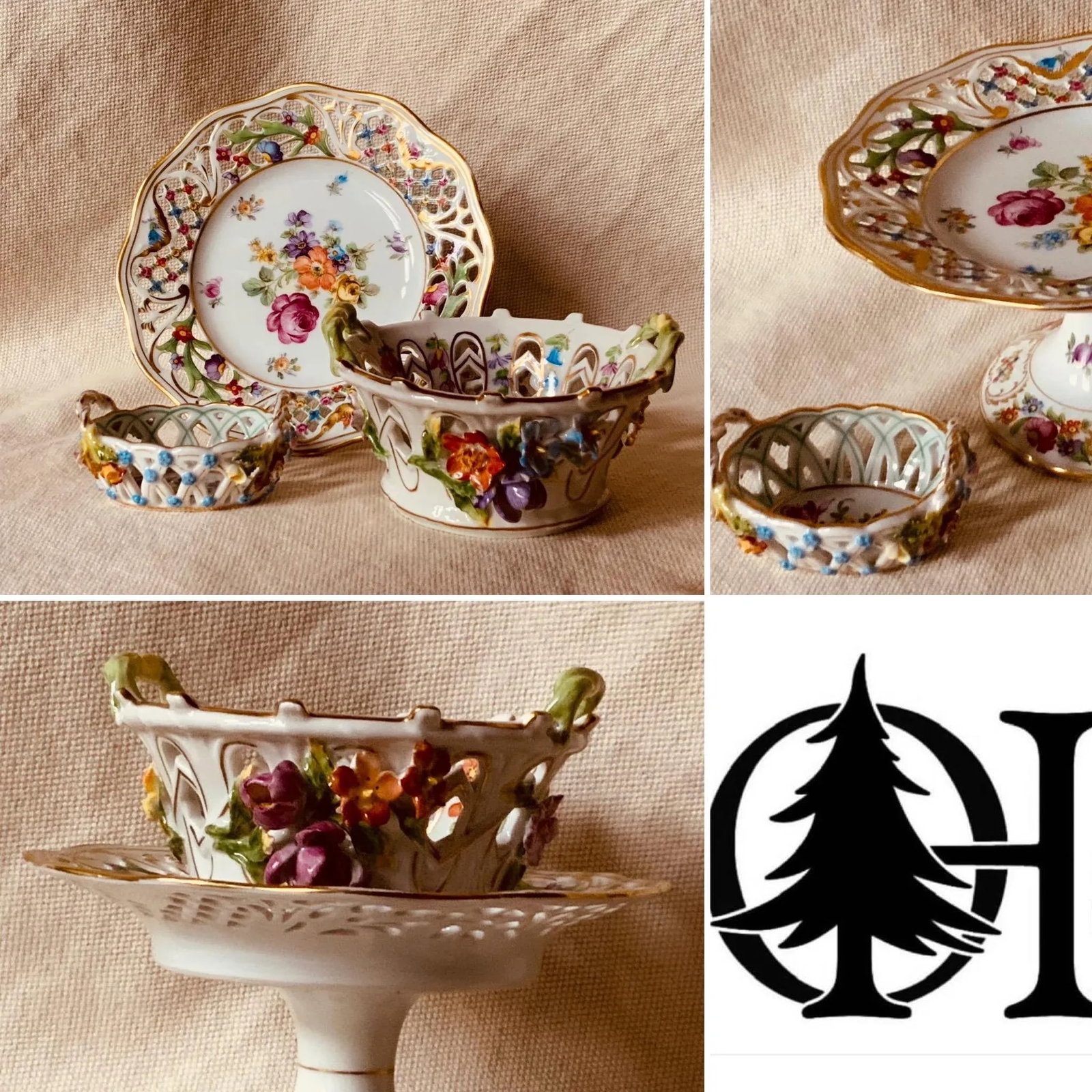 Curated Collection of Three Dresden Reticulated Porcelain Serving Pieces - Hand Painted German Artis - 9